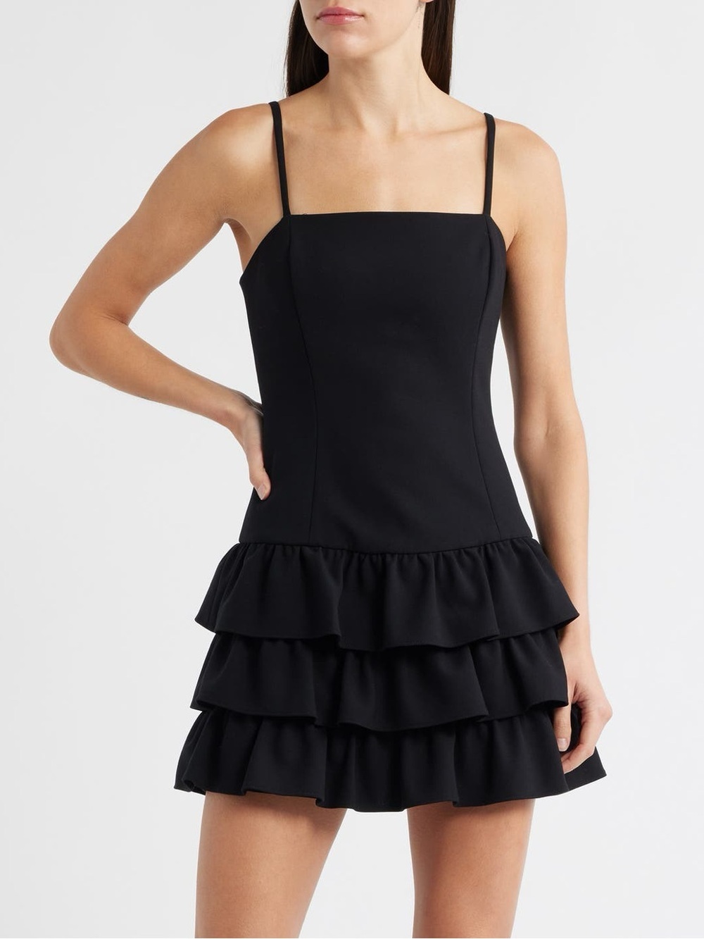 NWT French Connection Whisper Tiered Ruffle Mini Dress Black Square Neck Sz 8